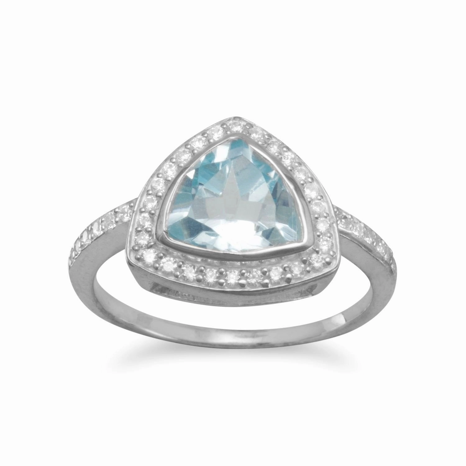 Triangle Blue Topaz Ring Sterling Silver  Cubic Zirconia Halo and Side Stones Custom Jewelry