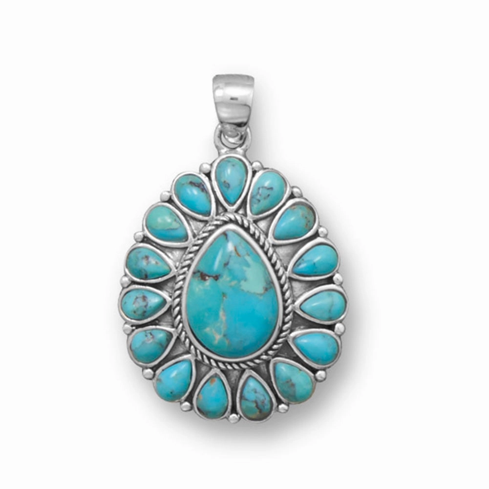 Flower Pendant Reconstituted Turquoise Sterling Silver Pear Shapes Sparkling Detail