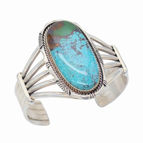 Eugene Belone Navajo Handmade Sterling Silver Turquoise Bracelet Vibrant Shine Casual Detail
