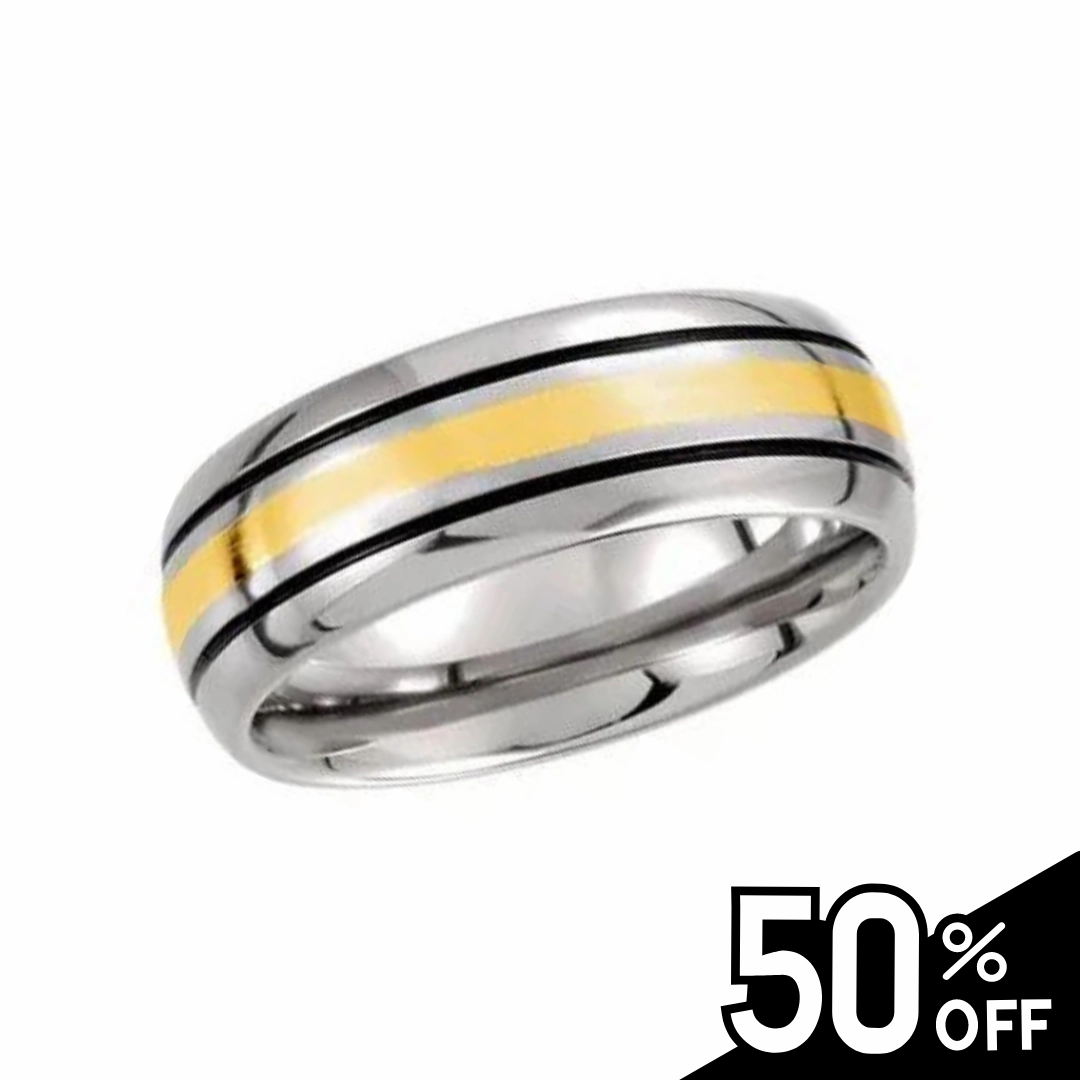 Creative Detail Tungsten & 14K Yellow Inlay Black Antiqued Band