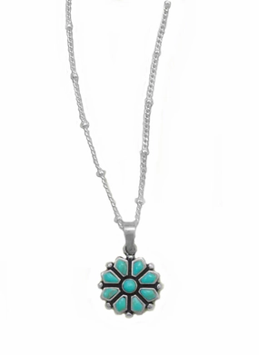 Turquoise Flower Necklace with Satellite Chain Sterling Silver, 20-inch Textured Highlight Special Style