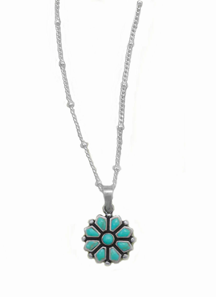 Turquoise Flower Necklace with Satellite Chain Sterling Silver, 20-inch Textured Highlight Special Style