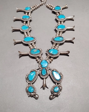 Elegant Line Turquoise Sterling Squash Blossom - Handmade Native American