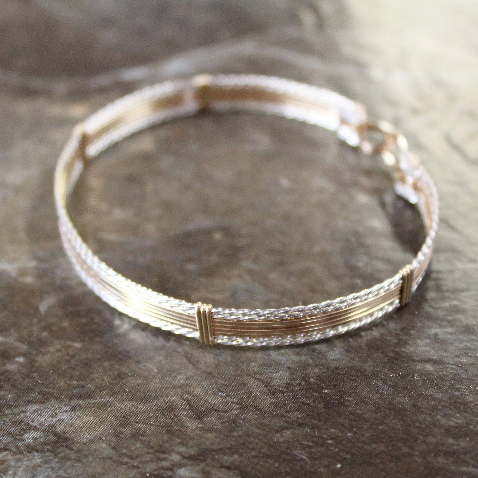 Joyful Accent Symbolic Saga Two Tone Sterling Silver Twist & Gold Filled Smooth Wire Bracelet  TTSSSSTT