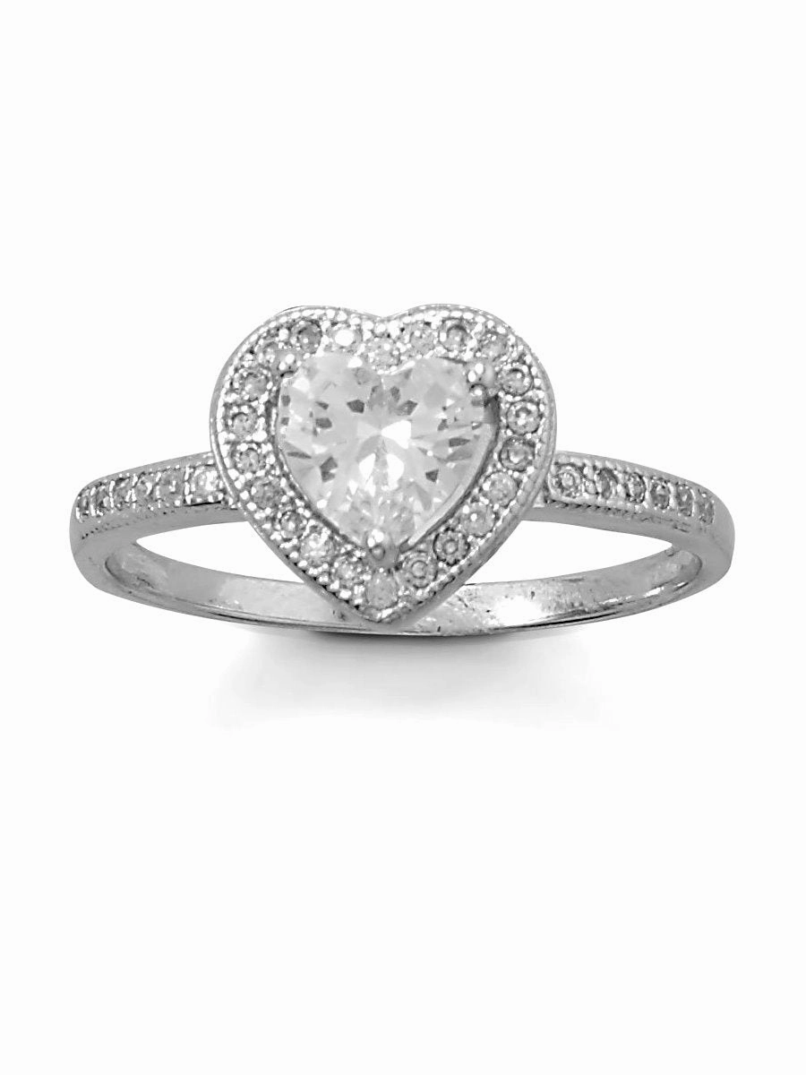 Heart Ring Cubic Zirconia Halo and Band Rhodium on Sterling Silver Beautiful Design Ornate Emblem