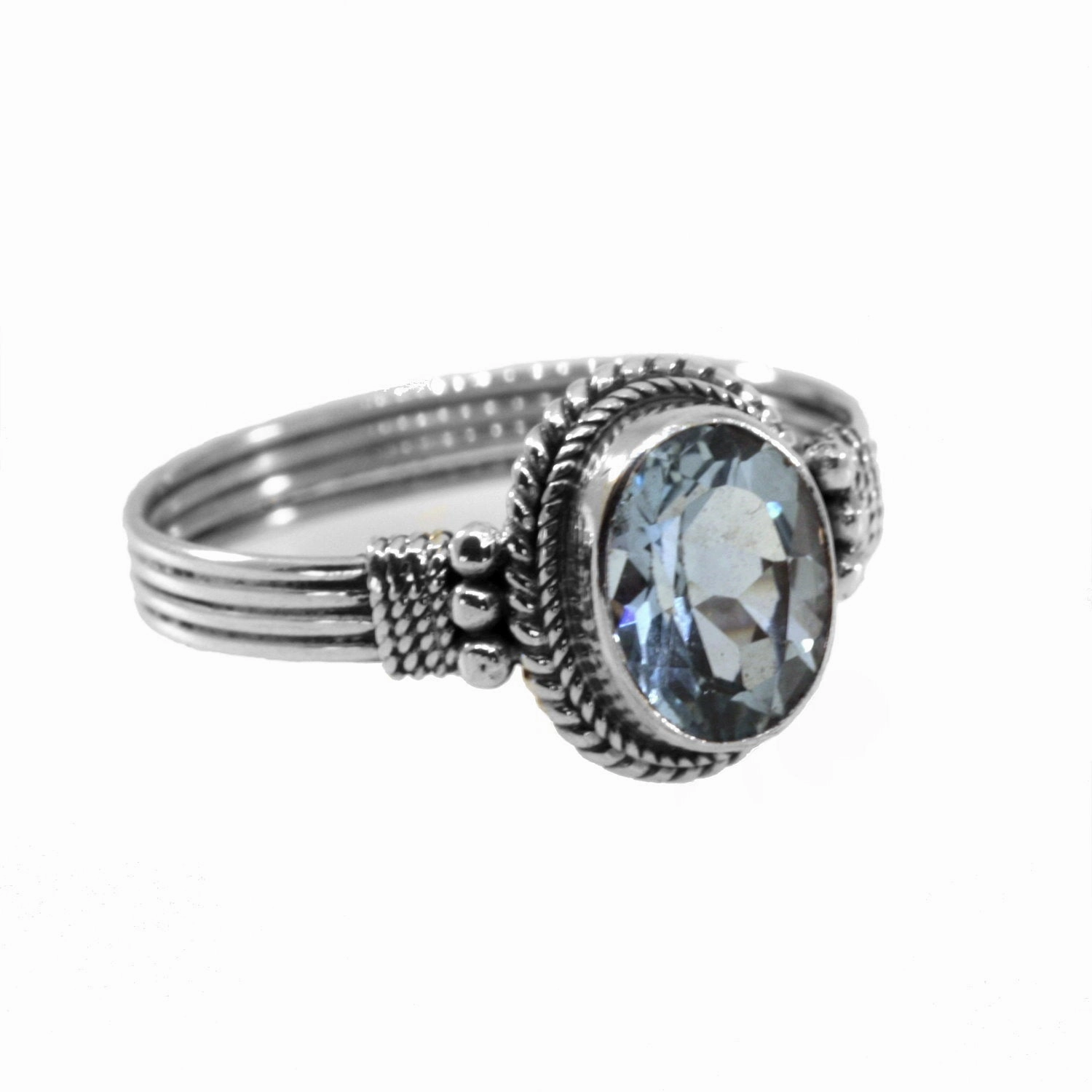 Stylish Set Modern Creation Blue Topaz Bead and Rope Design Ring Handmade Sterling Silver