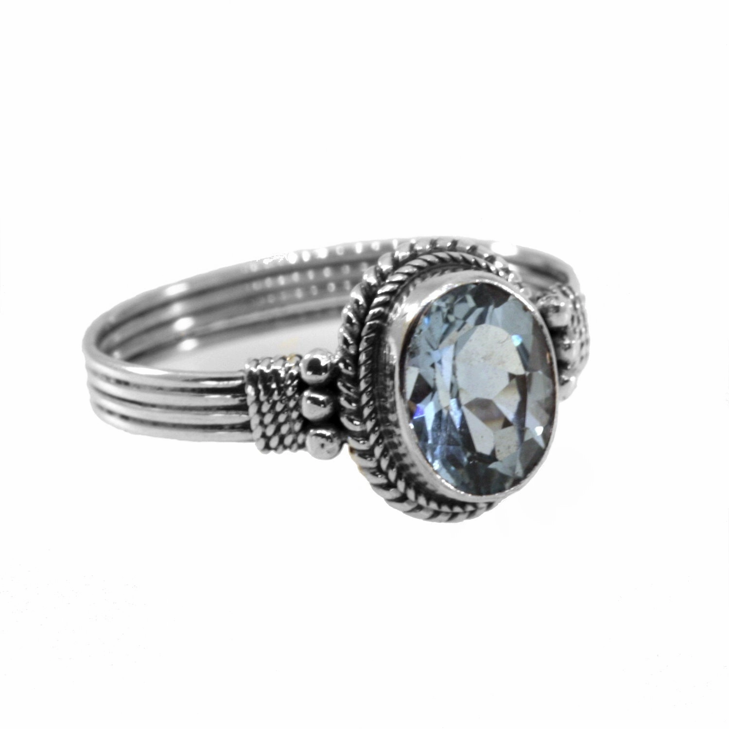Blue Topaz Bead and Rope Design Ring Handmade Sterling Silver Contemporary Ornament Scratch Proof