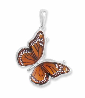 Bridal Accessory Impeccable Cut Handcrafted Baltic Amber Monarch Butterfly Pendant Sterling Silver, Pendant Only