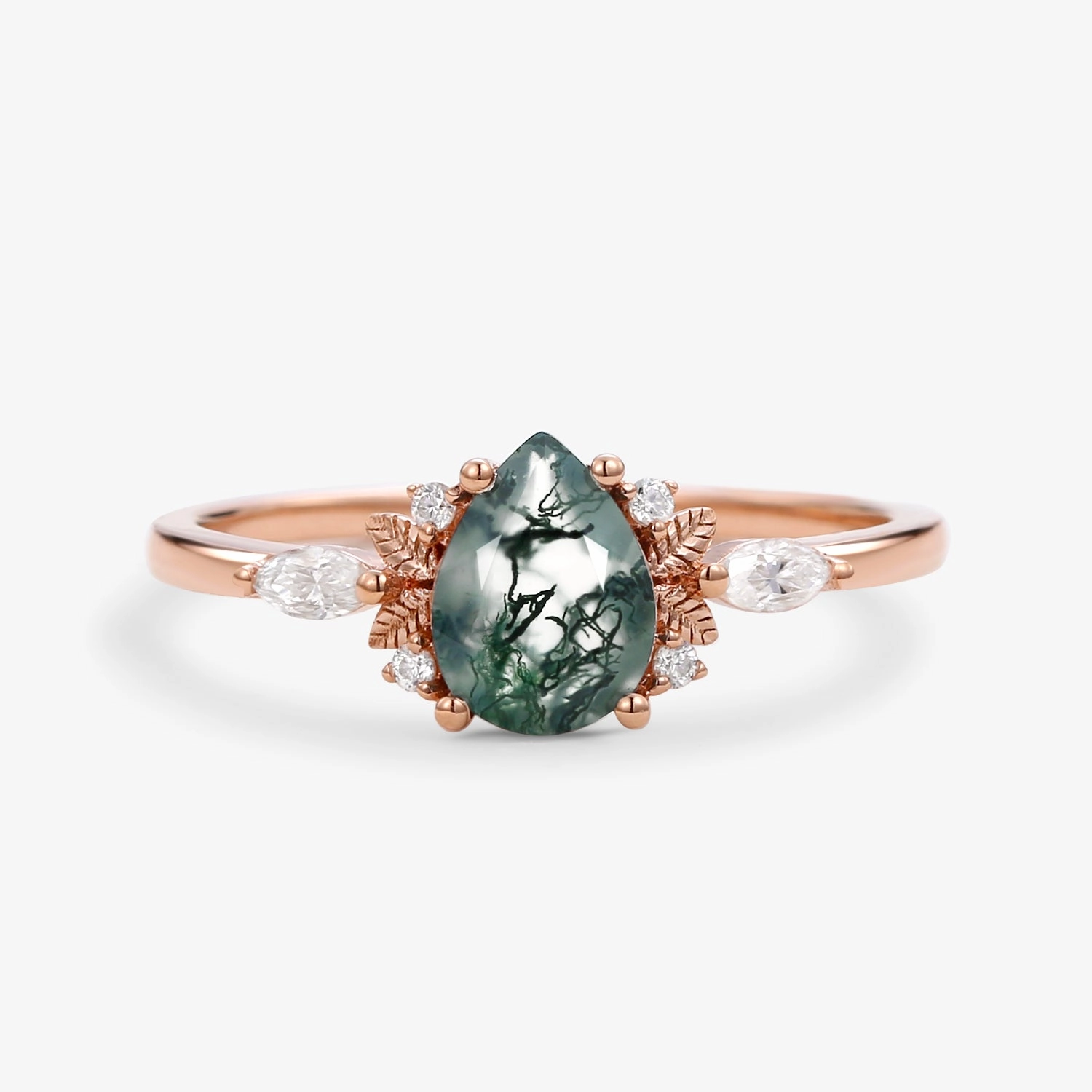 Classic Pairing Dainty Shine Unique Leafy Pear Shaped Moss Agate Engagement Fairy Ring - Susan