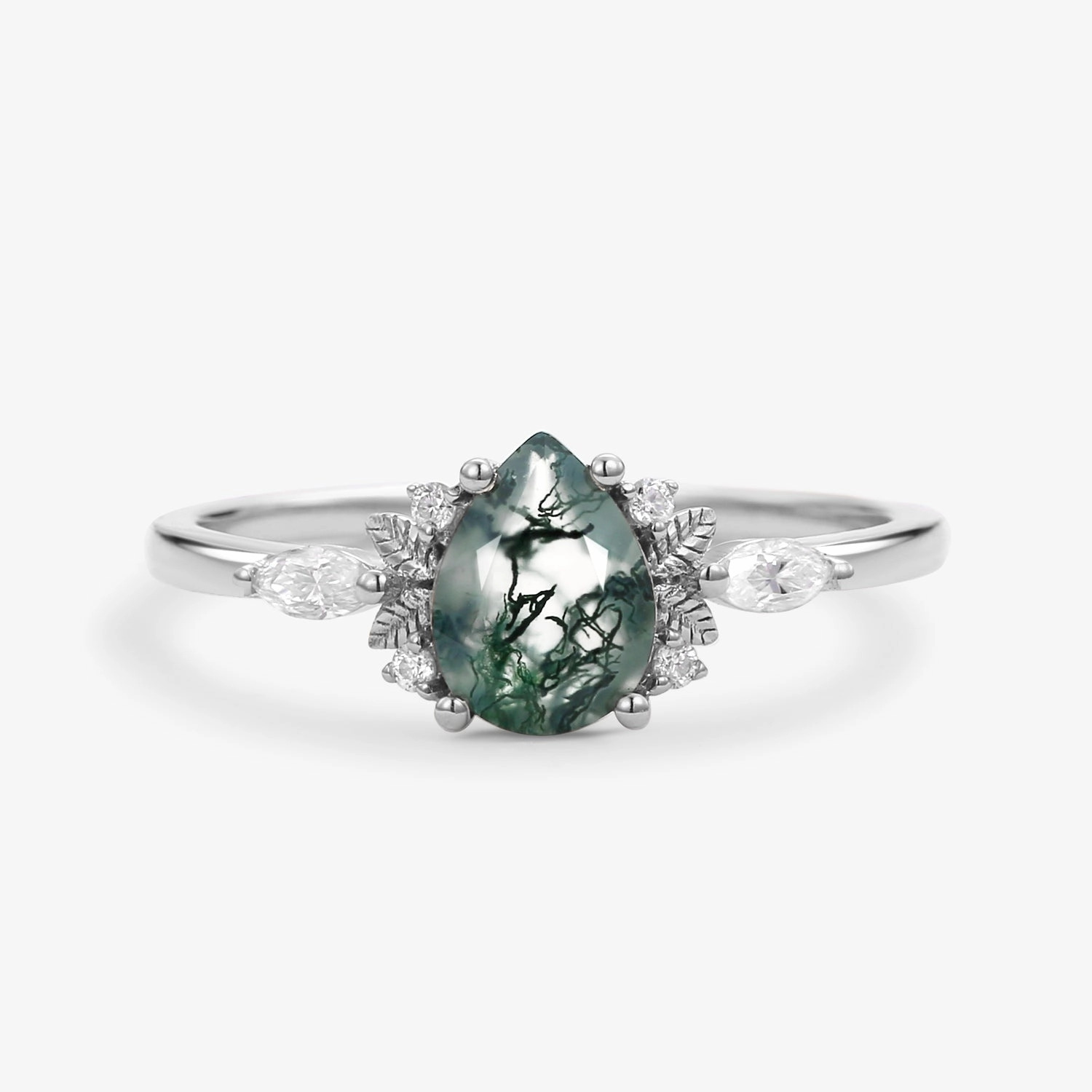 Statement Piece Unique Leafy Pear Shaped Moss Agate Engagement Fairy Ring - Susan