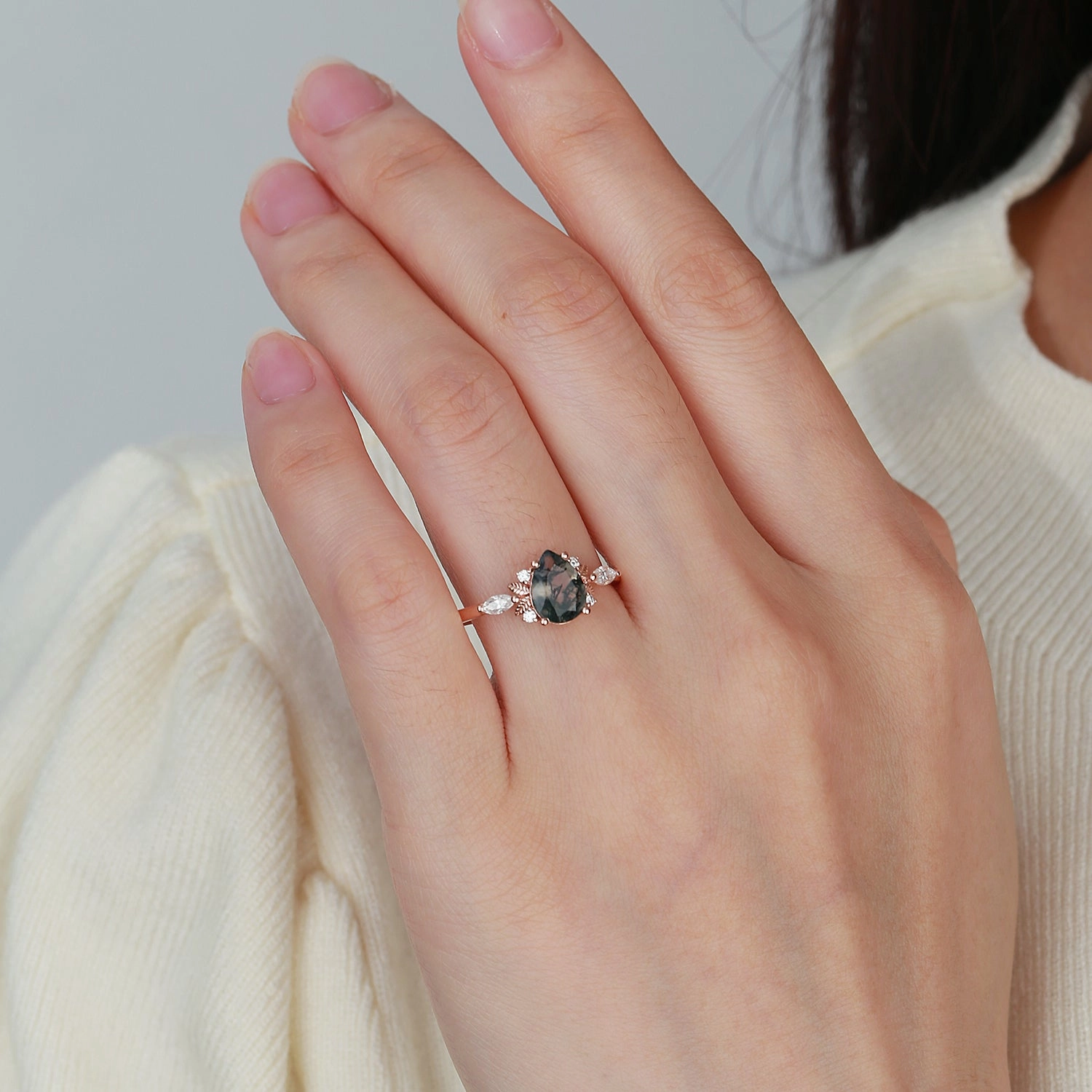 Travel Ready Vibrant Accessories Unique Leafy Pear Shaped Moss Agate Engagement Fairy Ring - Susan