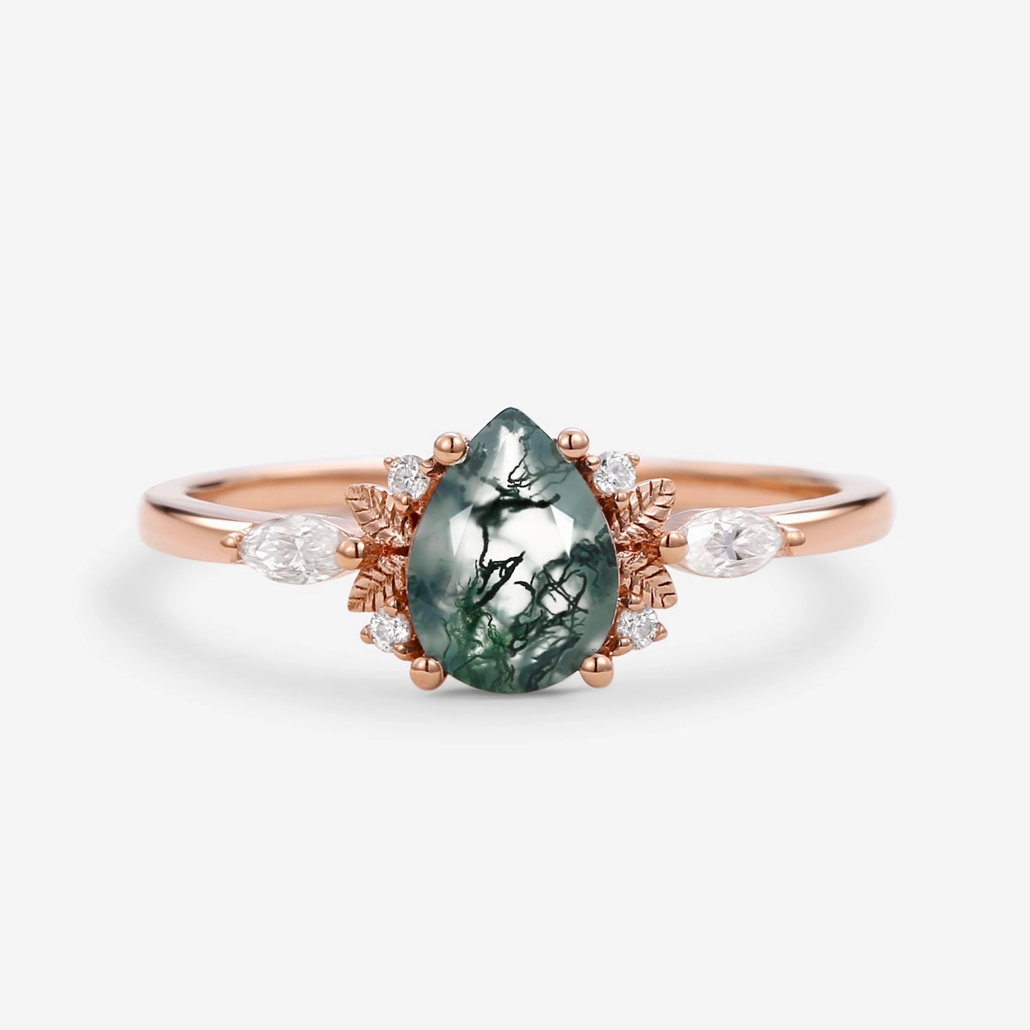Unique Leafy Pear Shaped Moss Agate Engagement Fairy Ring - Susan Vivid Glow