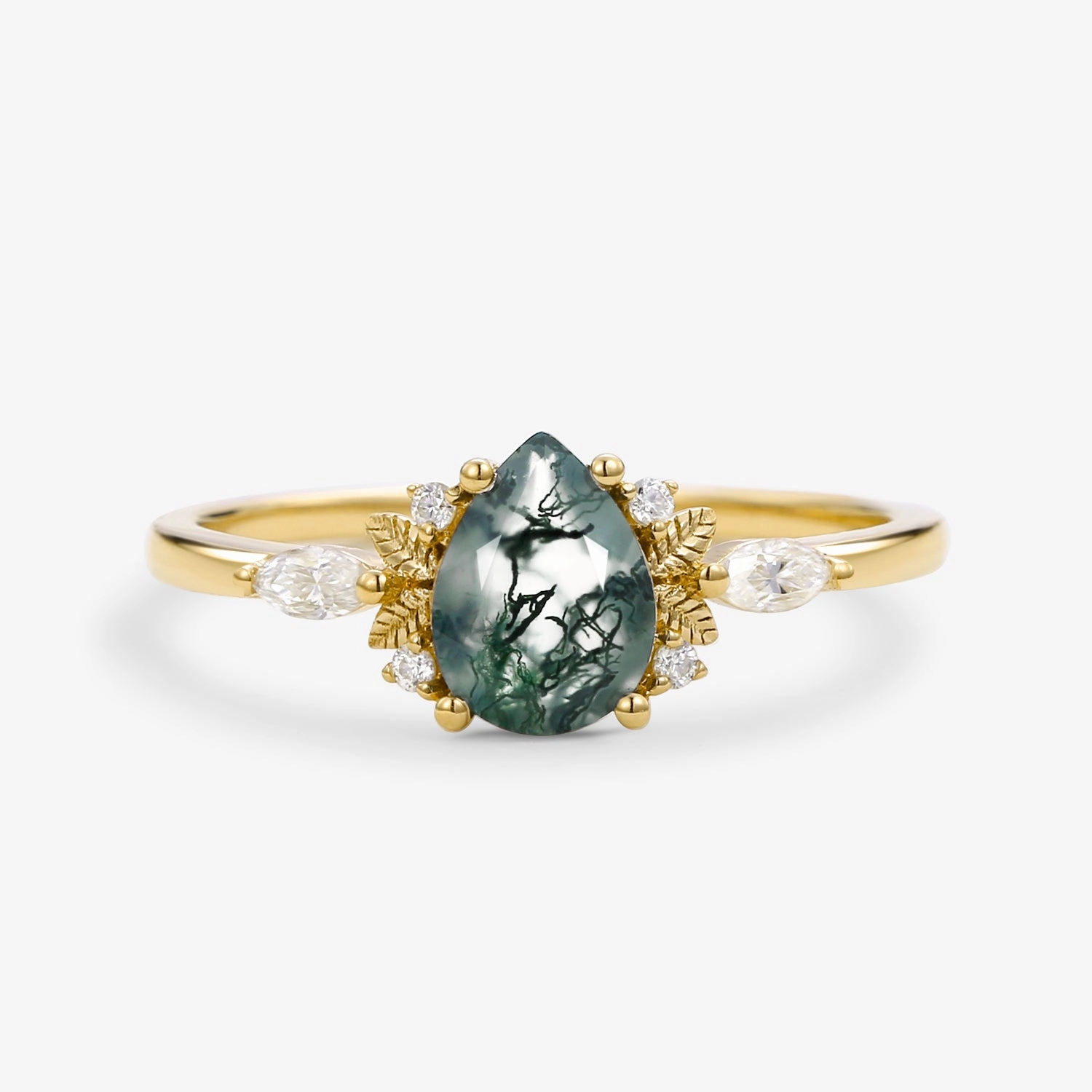 Radiant Accent Unique Leafy Pear Shaped Moss Agate Engagement Fairy Ring - Susan