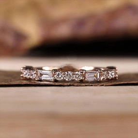 Layered Combo Louily Unique Rose Gold Emerald & Round Cut Diamond Wedding Band In Sterling Silver