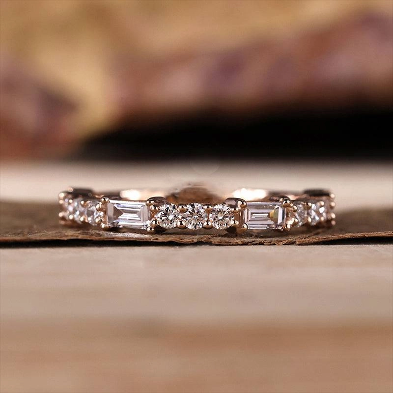 Louily Unique Rose Gold Emerald & Round Cut Diamond Wedding Band In Sterling Silver Fine Detail