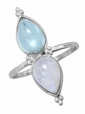 Rainbow Moonstone and Blue Topaz Teardrop North South Sterling Silver Ring Brilliant Decoration Value Article