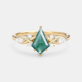 Event Glow Dainty Accent Unique Moss Agate Gold Engagement Ring