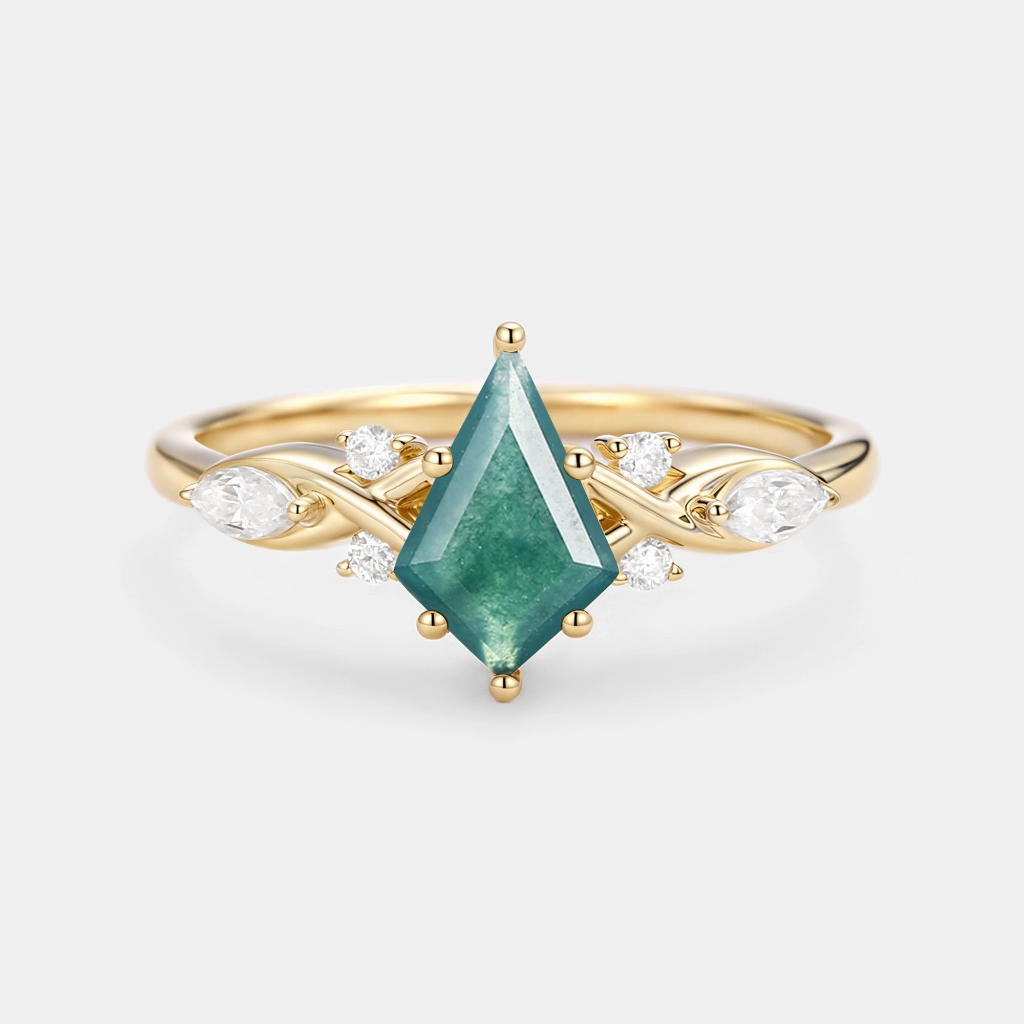 Event Glow Dainty Accent Unique Moss Agate Gold Engagement Ring