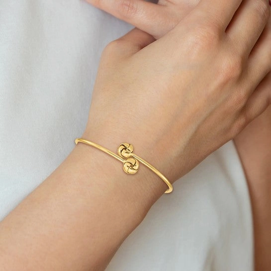 Open-To-All Sight 14k Yellow Gold Love Knot Flexible Bangle Bracelet 2mm Wide hallmarked 14k Hand Made REAL GOLD for 7" wrist slip on