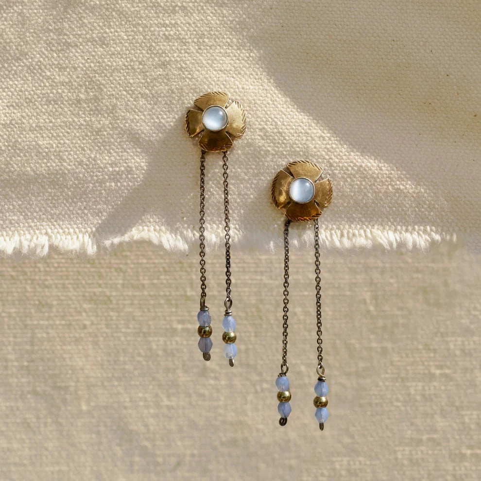 Petite Flora Earrings - Oxidized Brass, Sterling Silver   Blue Moonstone Glass Comfortable Selection