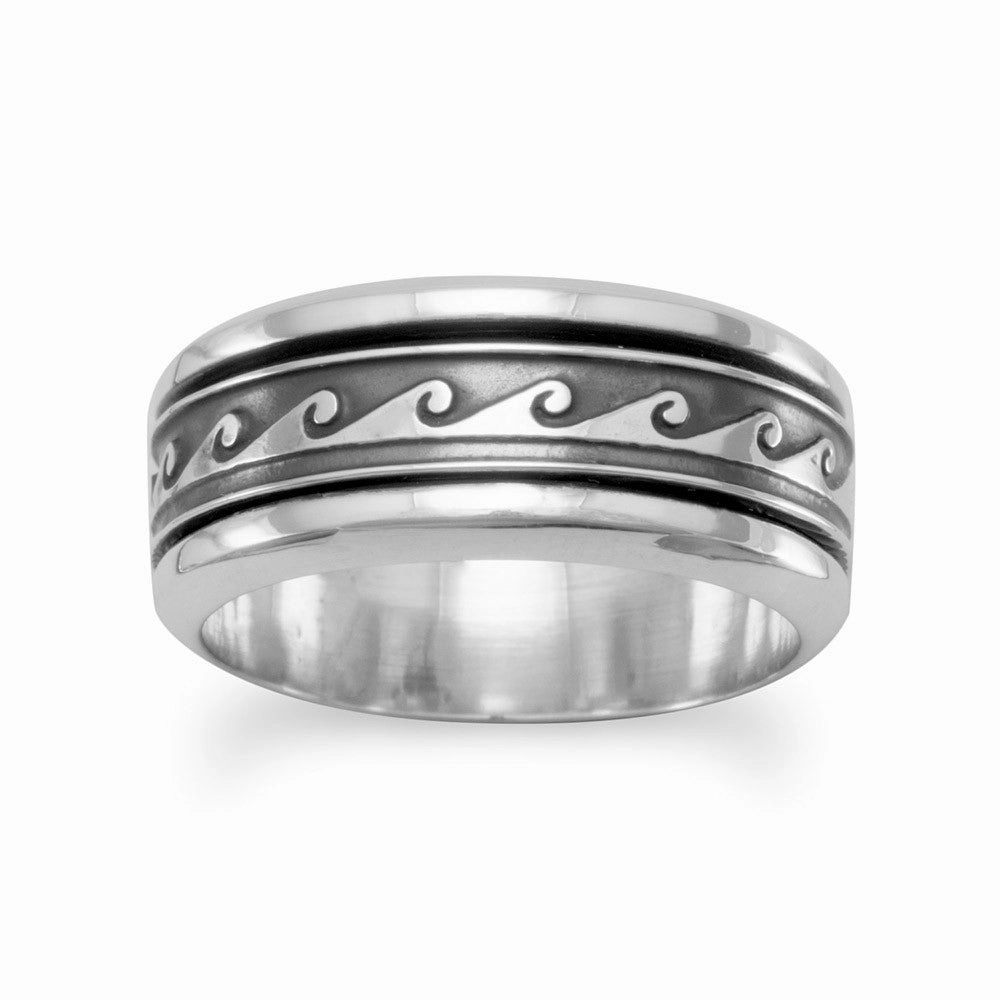 Creative Product Luxury Finish Spin Ring with Wave Design Mens Womens Sizes Antiqued Sterling Silver