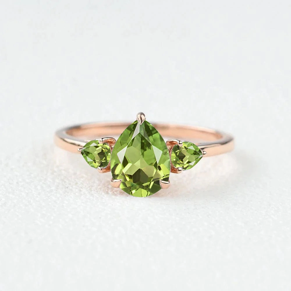 Pear Peridot Three Stones Engagement Ring Natural Look Trendy Detail
