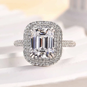 Subtle Highlight Louily Attractive Double Halo Emerald Cut Engagement Ring