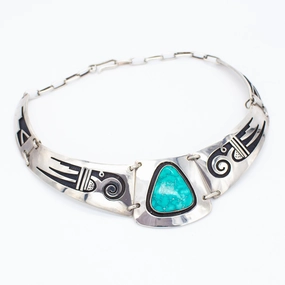 Minimal Look Victor Coochwytewa Hopi Handmade Sterling Silver Turquoise Necklace