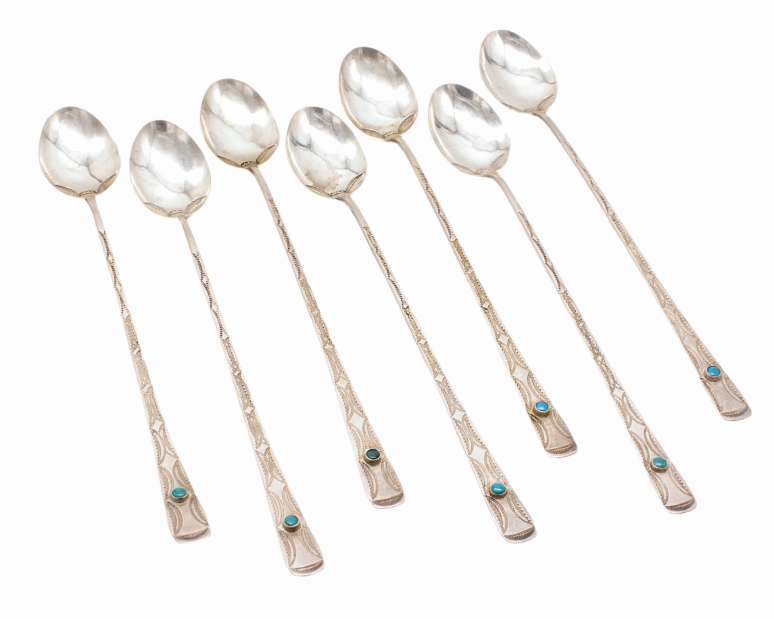Graceful Fit Handcrafted Glam Vintage 7-Piece Sterling Silver Turquoise Iced Tea Spoons Set (No Hallmark)