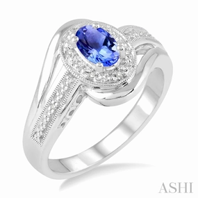 Silver Oval Shape Tanzanite & Diamond Ring Contemporary Choice