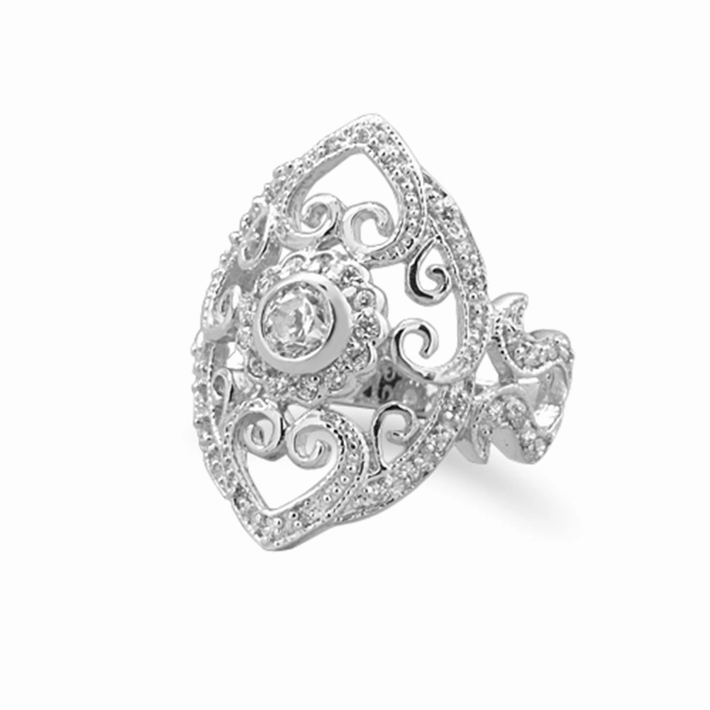 Travel Accessory Vintage Filigree Heart and Scroll Design Ring with CZ Rhodium on Sterling Silver