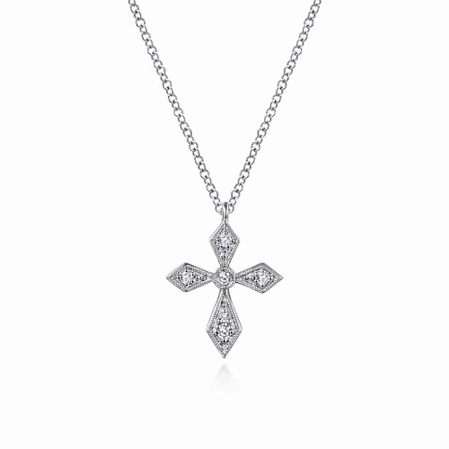 Vintage Inspired 14K White Gold Pointed Diamond Cross Pendant Necklace Natural Look