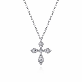 Vintage Inspired 14K White Gold Pointed Diamond Cross Pendant Necklace Natural Look
