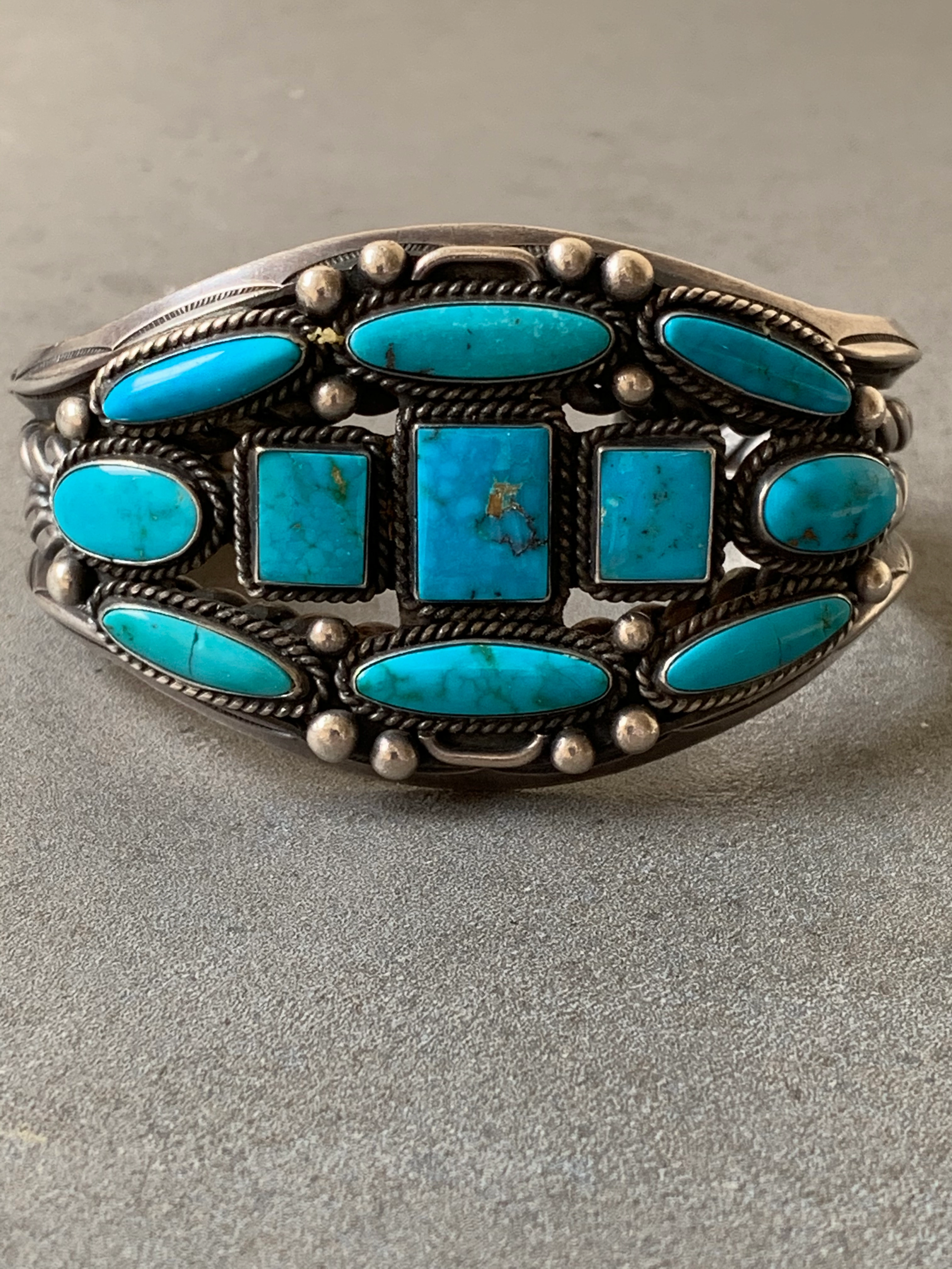 Vintage Navajo Blue Gem Turquoise Sterling Silver Cuff Classic Pairing Cool Finish