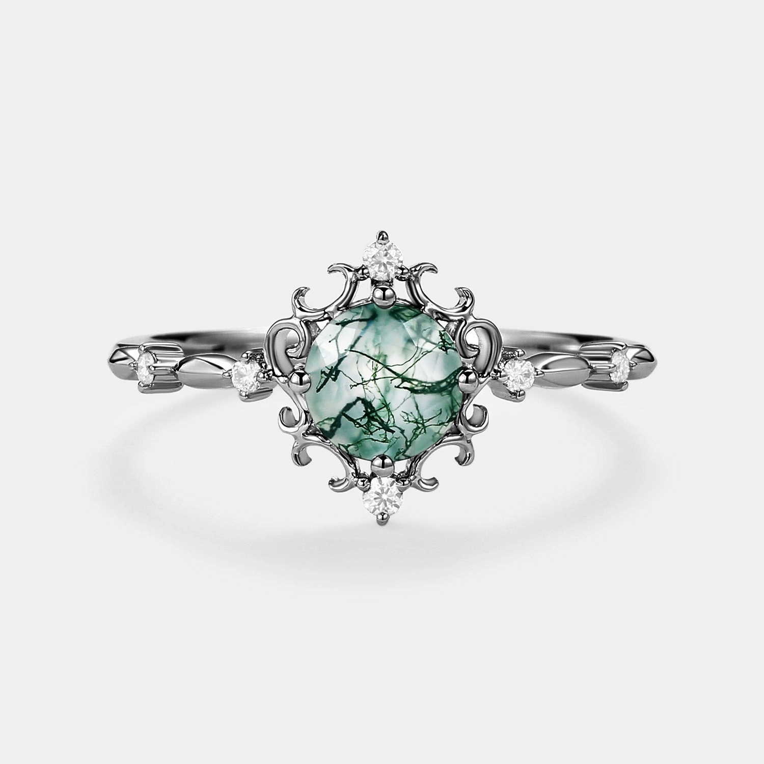 Fashion Glow Valentine Token Vintage Round Cut Moss Agate Engagement Ring