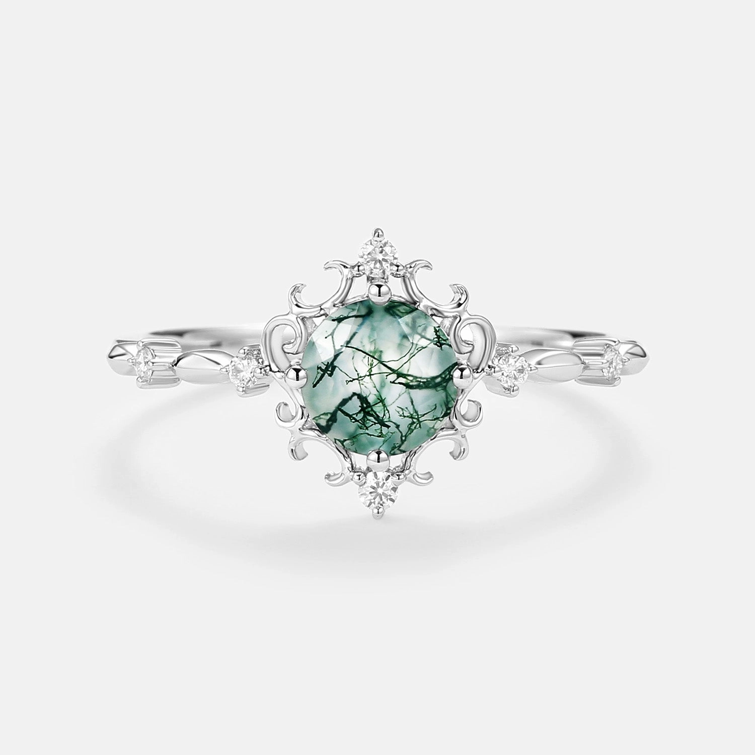 Travel Friendly Vintage Round Cut Moss Agate Engagement Ring