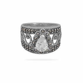 Vintage Style Filigree Marcasite Teardrop CZ Ring Sterling Silver Dainty Choice