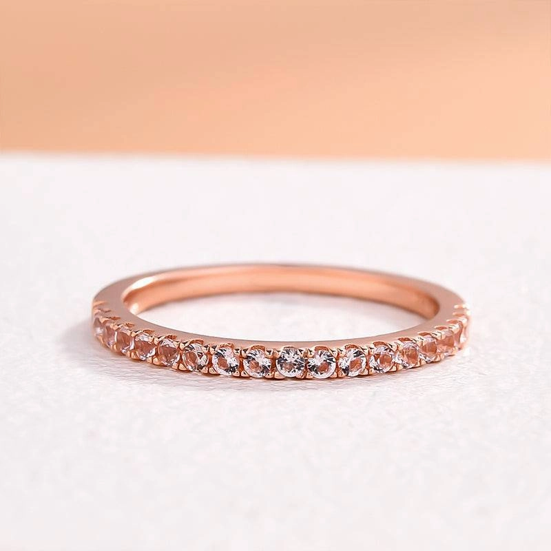 Louily Half Eternity Rose Gold Peachy Pink Stone Women's Wedding Band In Sterling Silver Graceful Edge