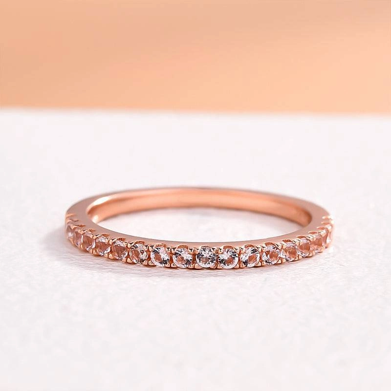 Subtle Elegance Louily Half Eternity Rose Gold Peachy Pink Stone Women's Wedding Band In Sterling Silver