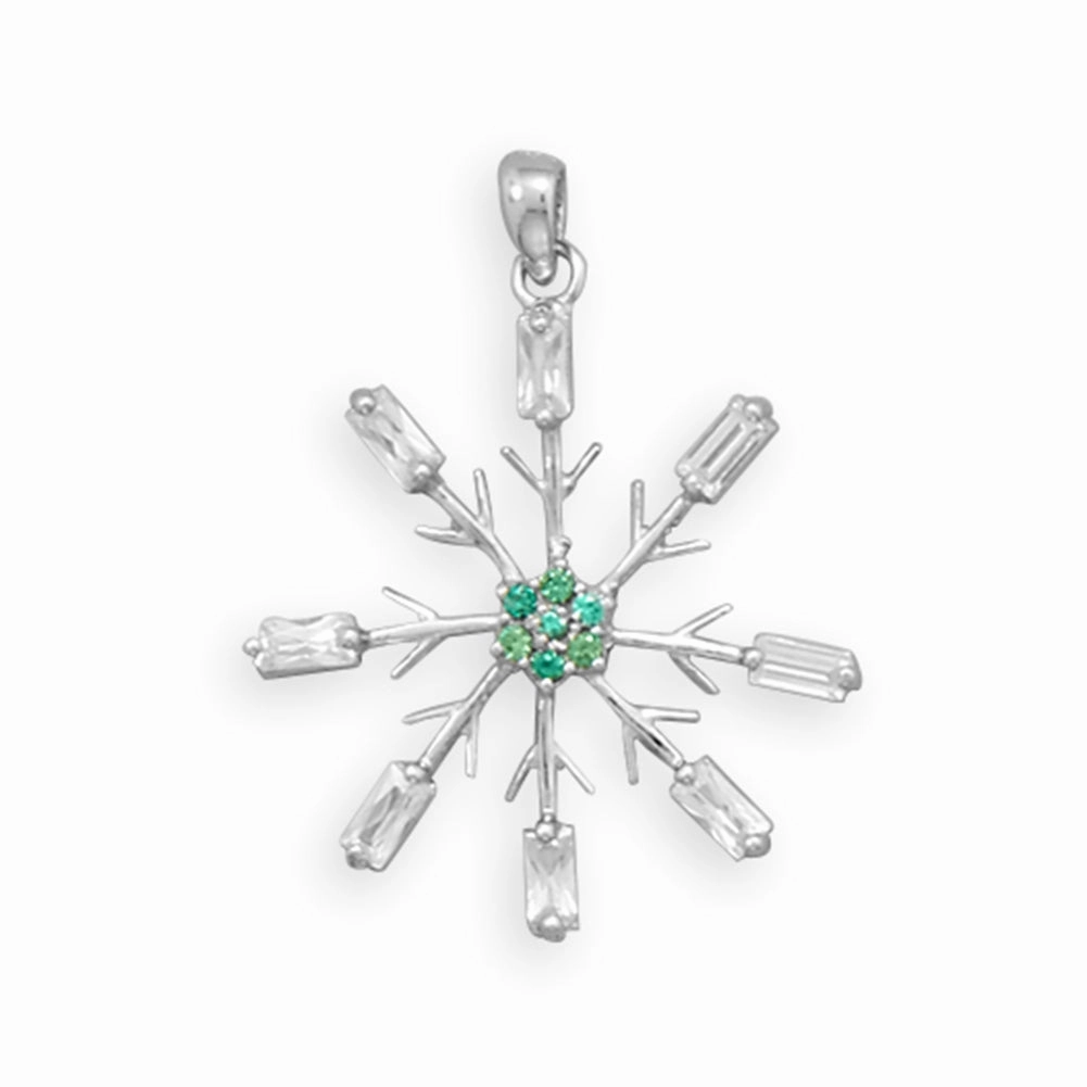 Snowflake Pendant with Clear and Green Cubic Zirconia Rhodium on Sterling Silver Nontarnish Luxe Touch Luxury Style