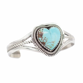 Walter Vandaver Navajo Handmade Sterling Silver Turquoise Heart Cuff Bracelet Evening Glam Minimalist Accent