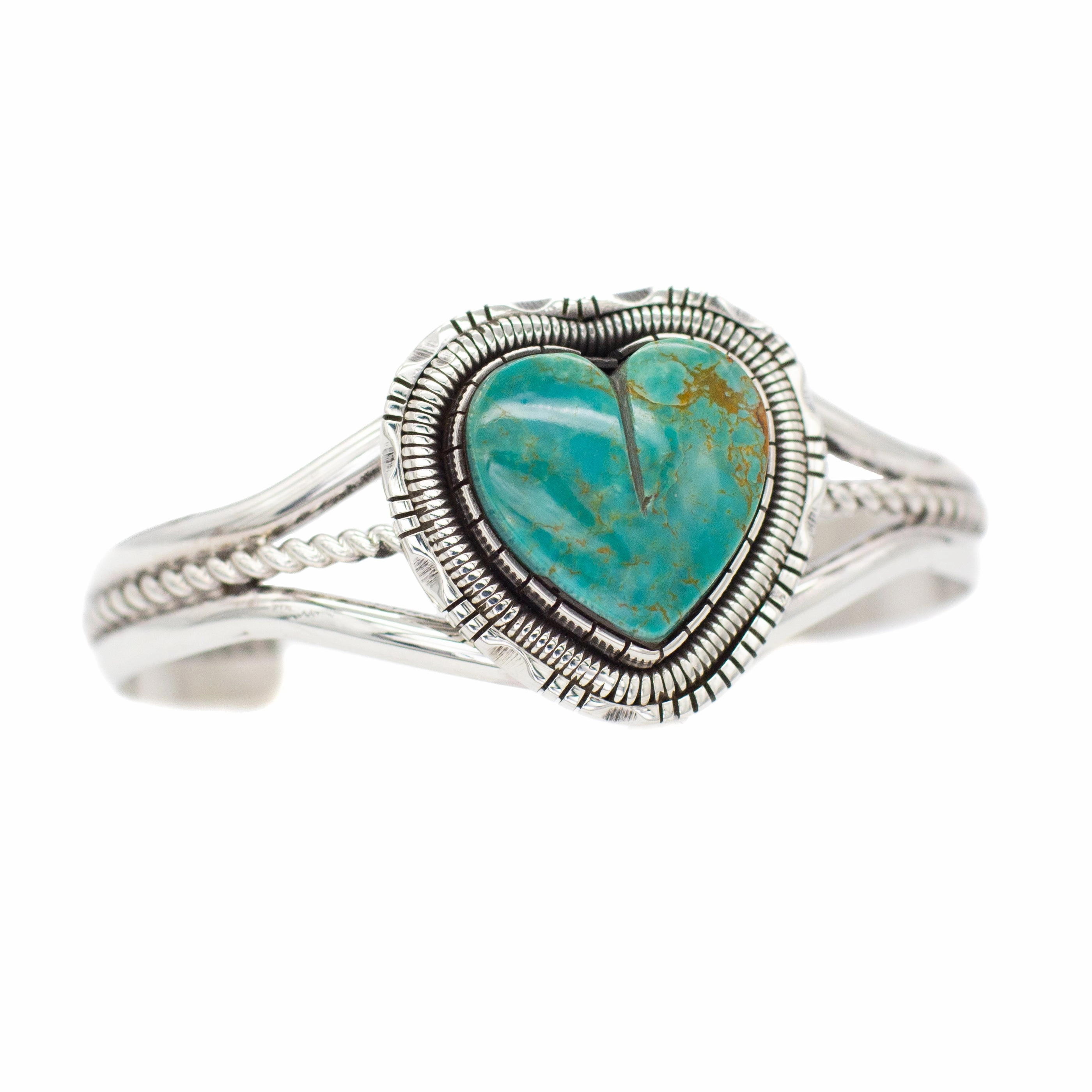 Casual Classic Walter Vandaver Navajo Handmade Sterling Silver Turquoise Heart Cuff Bracelet