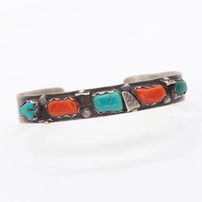 Wayne C. Navajo Handmade Sterling Silver Turquoise Coral Cuff Bracelet Bridal Style Bold Jewelry