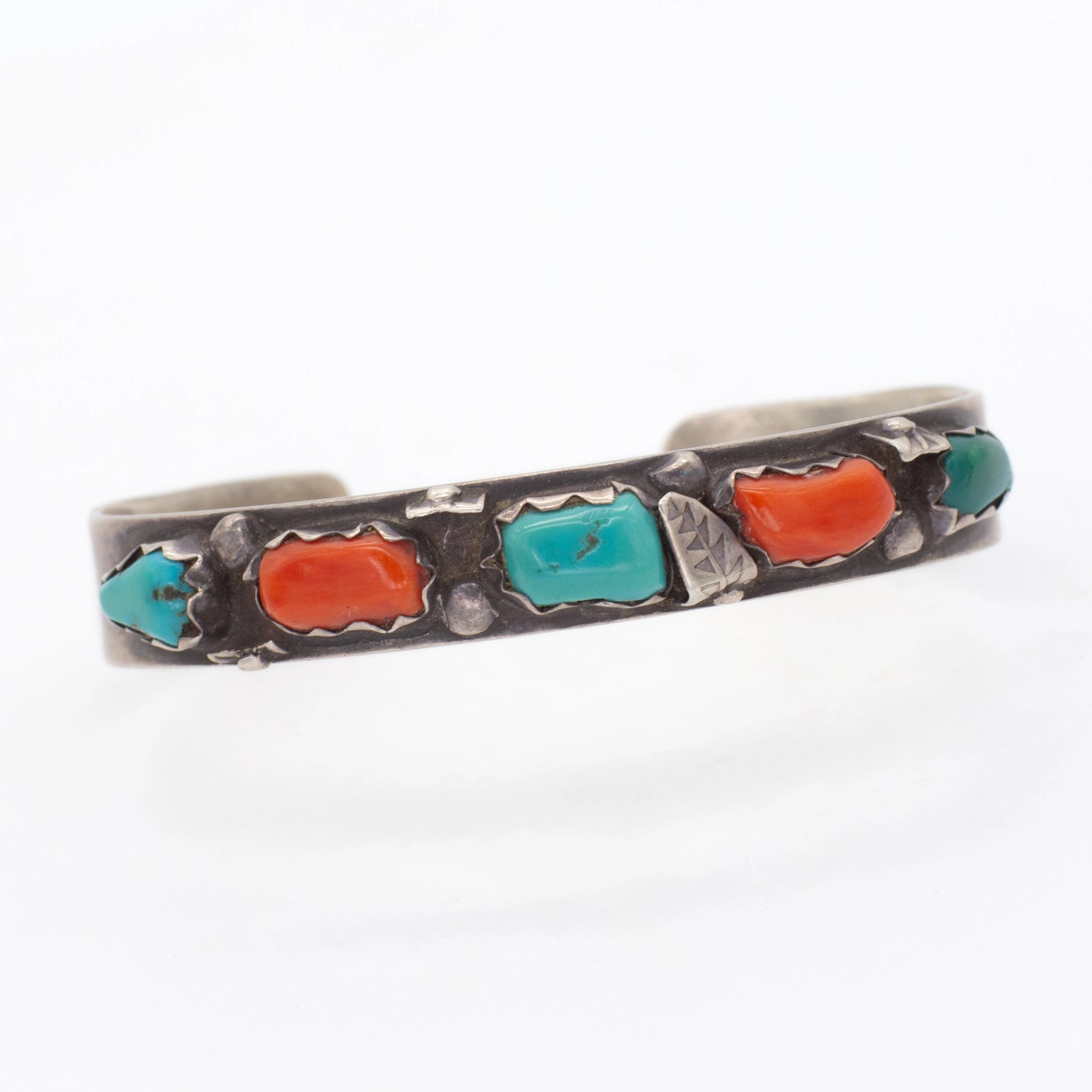 Wayne C. Navajo Handmade Sterling Silver Turquoise Coral Cuff Bracelet Bridal Style Bold Jewelry