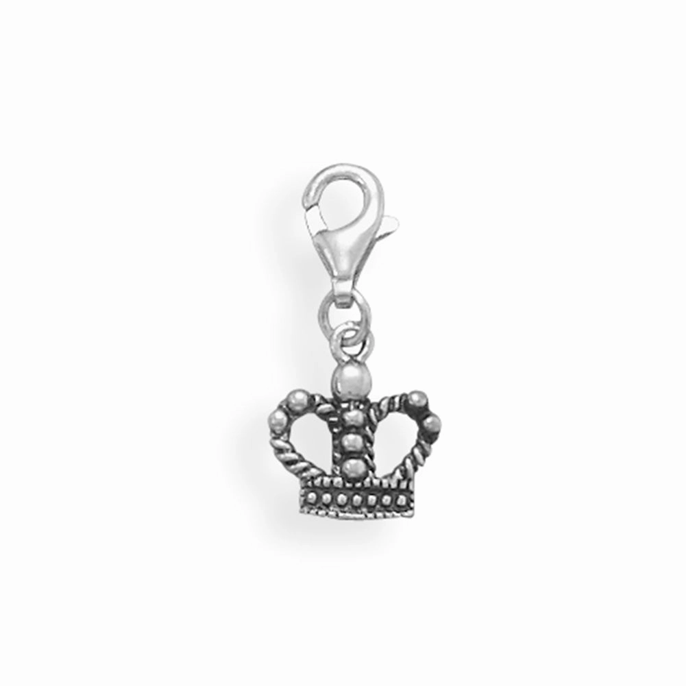 Unique Sparkle Queen Princess Crown Charm with Lobster Clasp Antiqued Sterling Silver