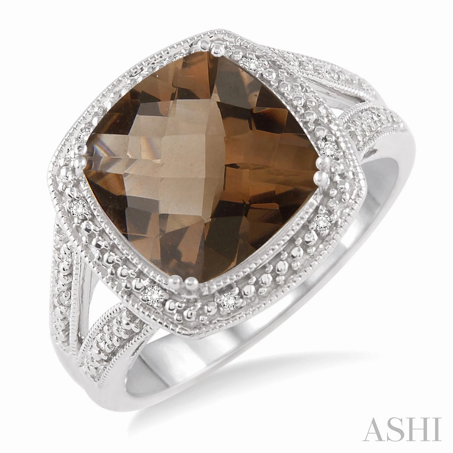 Silver Cushion Shape Smoky Quartz & Diamond Ring Pastel Accent Stunning Aesthetic