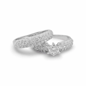 Wedding Ring Engagement Set Pave Cubic Zirconia Rhodium on Sterling Silver Formal Occasion Comfortable Expression