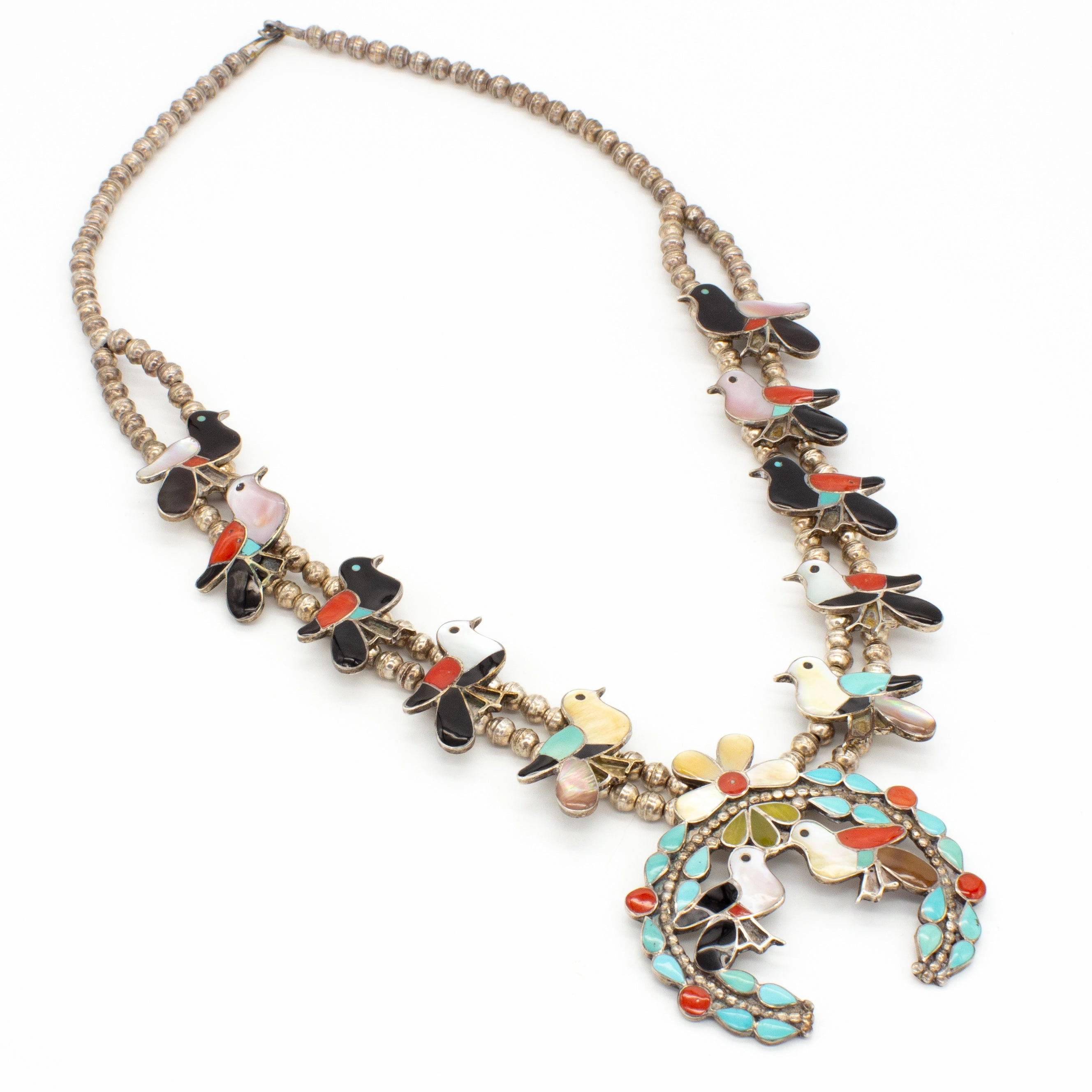 Sparkling Touch Wesley & Ella Gia Zuni Handmade Birds Sterling Silver Squash Blossom Necklace