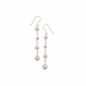White Cultured Freshwater Pearl and Crystal Chain Earrings Sterling Silver Timeless Form Sleek Outline
