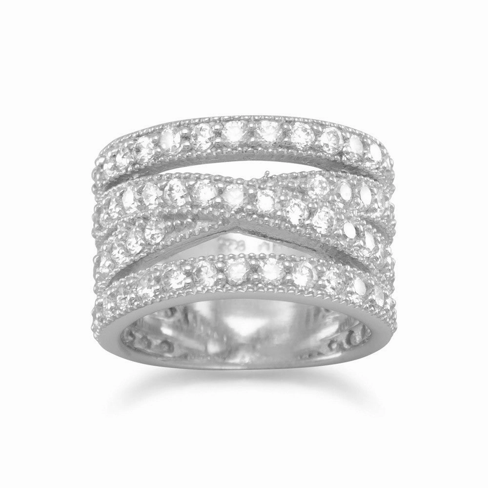 High-Quality Appearance Timeless Proportion Wide Stacked X Design Band Ring Pave Cubic Zirconia Rhodium on Sterling Silver